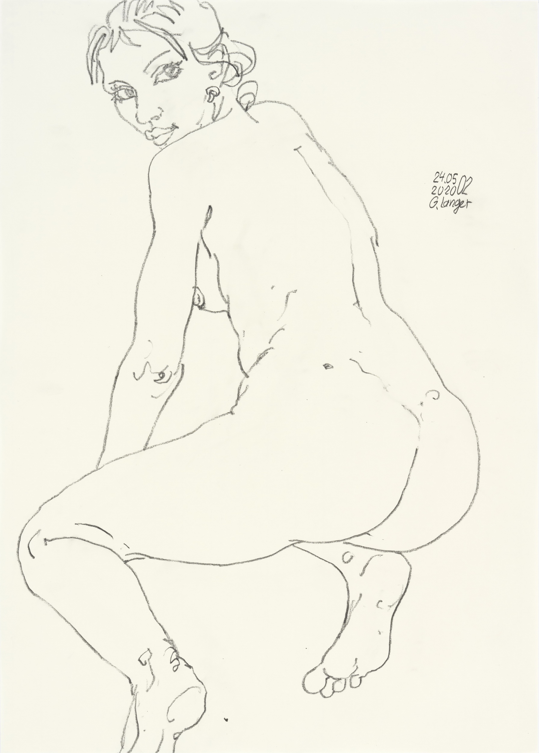 Gunter Langer, Kniendes nacktes Mädchen, 2020, Zeichnung, Zeichenpapier, 70 x 50 cm